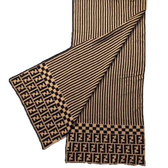 Vintage FENDI Black & Tan Stripe Check Monogram Reversible Scarf - Picture 1 of 8